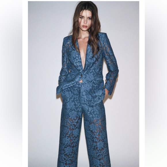 NWT Zara Lace Blazer in Teal Blue Size S - Picture 3 of 17